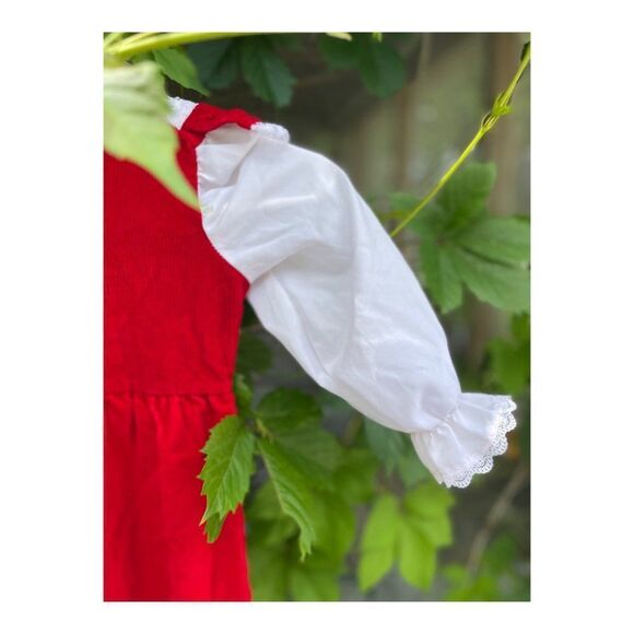 Vintage 80s Red Velvet Corduroy Romper Suit Formal White Lace One Piece Sz 3 - Picture 10 of 14